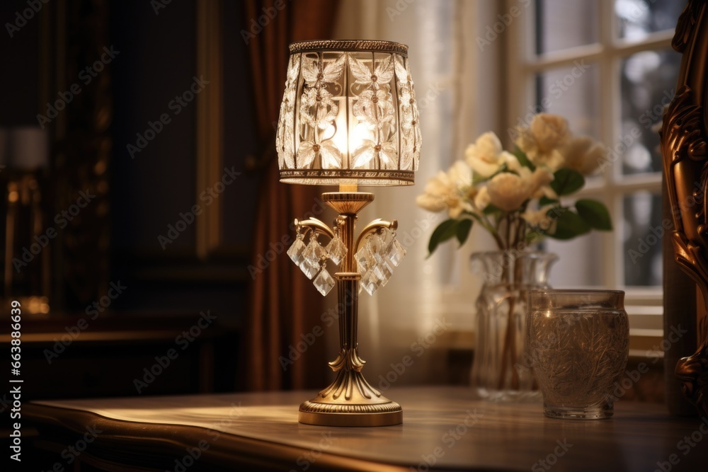 A table with a lamp and vases on it. Can be used as a decorative element in interior design A table with a lamp and vases on it. Can be used as a decorative element in interior design