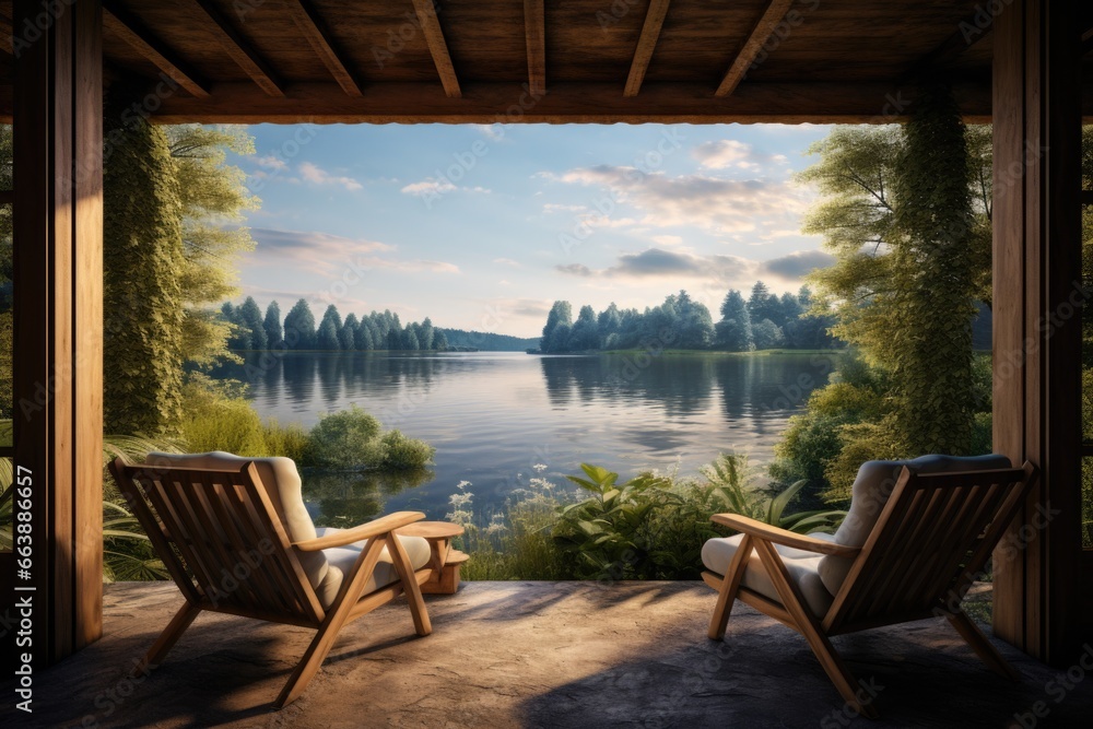 Two chairs sitting on a patio with a beautiful view of a lake. Perfect for outdoor seating and enjoying the scenery