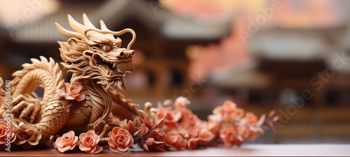 Stone dragon on the background of a blooming Chinese garden, Chinese New Year © Alina Zavhorodnii