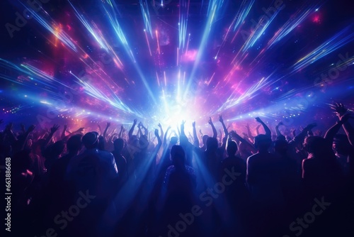 A lively crowd of people at a concert  enthusiastically raising their hands in the air. Perfect for capturing the energy and excitement of a live music event.