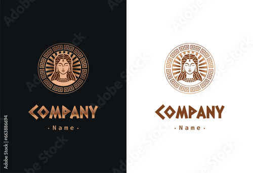 Golden Greek goddess logo on black and white background, gradient, eps 10