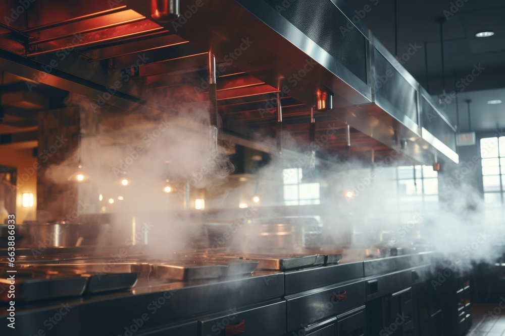 Steam rises from the hood of a commercial kitchen. This image can be used to depict a busy restaurant kitchen or food preparation in a professional setting - obrazy, fototapety, plakaty 