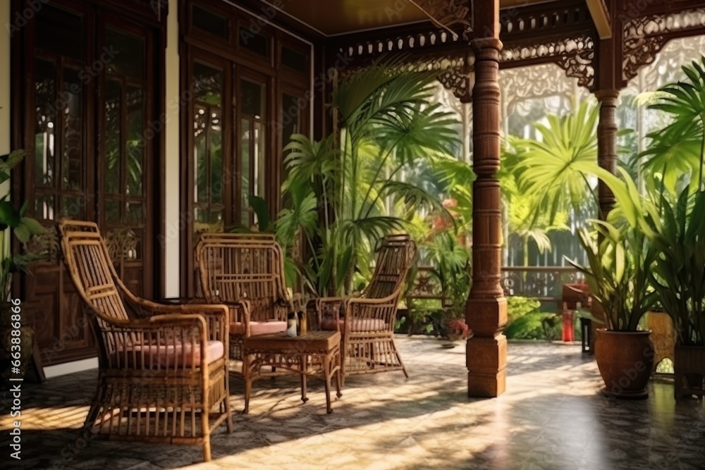 Obraz premium A porch with comfortable wicker chairs and beautiful potted plants. Perfect for outdoor relaxation and creating a cozy atmosphere. Ideal for home decor or gardening-related projects