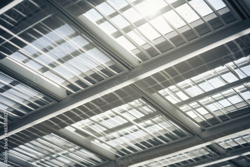 A picture of the ceiling of a building with numerous windows. This image can be used to illustrate architectural design, natural light, or modern construction © Fotograf