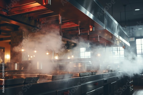 Steam rises from the hood of a commercial kitchen. This image can be used to depict a busy restaurant kitchen or food preparation in a professional setting photo