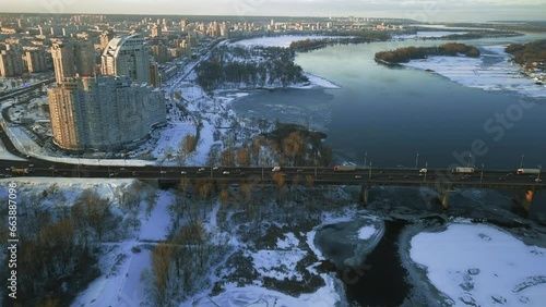 February 10 Ukraine Kiev, South Bridge. View from the height of the flight, during the sunset on the winter landscape.