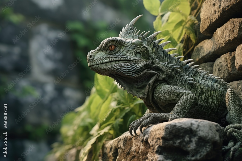 A lizard perched on top of a stone wall. This image can be used to depict reptiles, nature, wildlife, or outdoor environments. A lizard perched on top of a stone wall. This image can be used to depict reptiles, nature, wildlife, or outdoor environments.