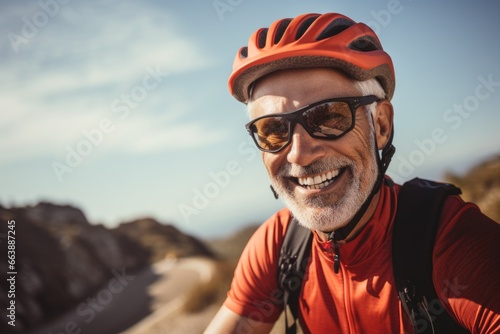 An older man wearing a helmet and sunglasses. This picture can be used to depict safety, outdoor activities, or a motorcycle enthusiast. photo