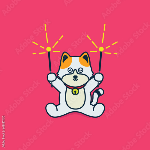 Cat With Light Stick Illustration Vector
