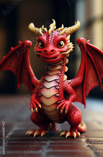 A highly detailed red dragon in vibrant 3D graphic pop-up design  boasting an excellent color combination of red and primary colors  accentuated by perfect lighting. Generative AI.