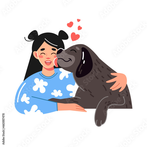 Portrait of the pet owner. A girl hugs a big black dog. A cute dog licks a woman. A flat vector illustration for a website or mobile application