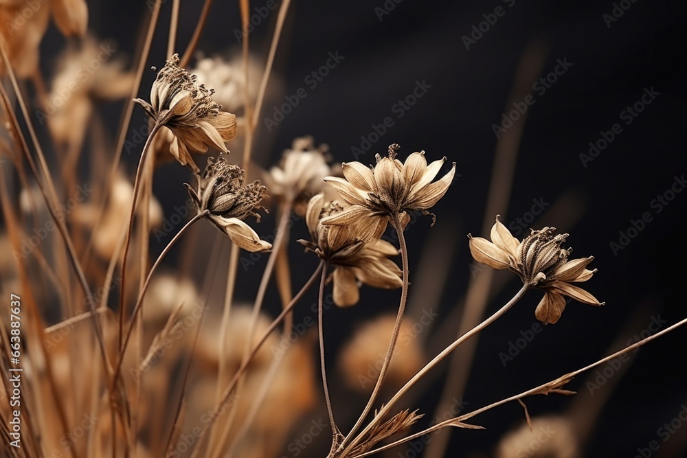 A detailed view of a bunch of dried flowers. This image can be used to add a rustic touch to home decor or as a symbol of nostalgia in a vintage-themed design. - obrazy, fototapety, plakaty 