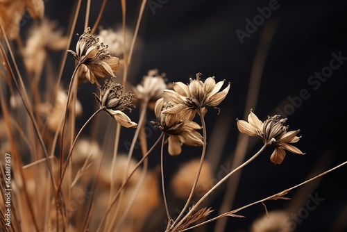 A detailed view of a bunch of dried flowers. This image can be used to add a rustic touch to home decor or as a symbol of nostalgia in a vintage-themed design. photo