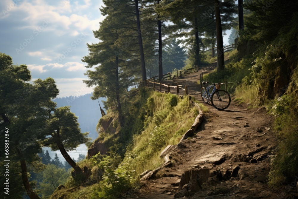 A bike is parked on the side of a mountain. This image can be used to depict adventure, outdoor activities, or scenic landscapes. A bike is parked on the side of a mountain. This image can be used to depict adventure, outdoor activities, or scenic landscapes.