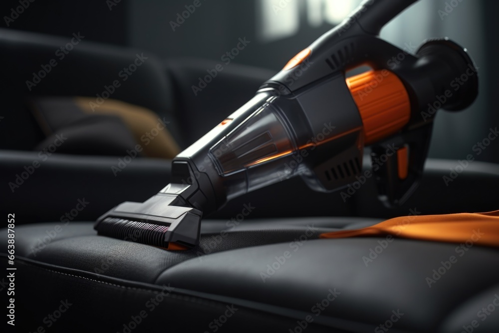 A detailed close-up view of a vacuum cleaner being used on a car seat. Perfect for automotive cleaning or detailing services.