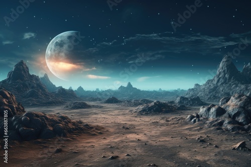 An otherworldly landscape featuring a planet in the distance. This image can be used to depict an alien world or outer space exploration.