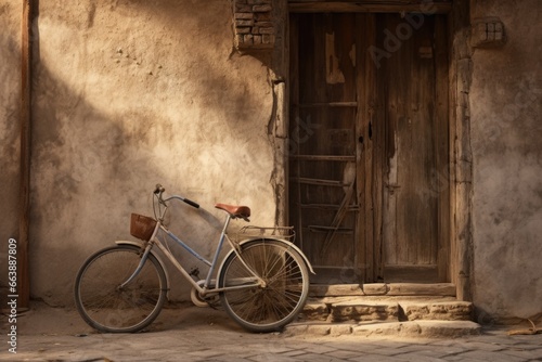 A picture of a bicycle parked in front of a building. This versatile image can be used to depict urban transportation, city life, or eco-friendly commuting options. photo