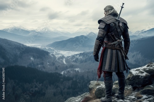 A powerful image of a man standing on top of a mountain, holding a sword. This picture can be used to represent strength, determination, and conquering challenges.