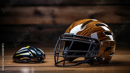 Rugby helmet and mouthguard on a wooden surface. photo