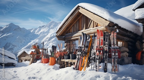 Ski poles and skis leaning against a cabin in the snowy mountains. photo