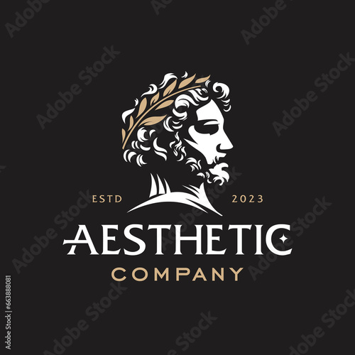 Greek god silhouette logo. Greece man head wearing laurel wreath statue icon logo design Illustration vector in trendy minimal and simple line style. Ancient Greek Figure Face Head Statue Sculpture