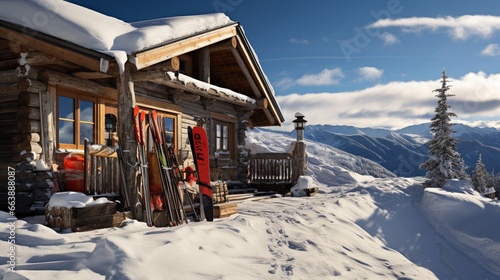 Ski poles and skis leaning against a cabin in the snowy mountains.