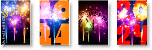 New Year 2024 countdown clock on beautiful orange, green and blue fireworks display lights up the sky during night time celebration. Set of cards.