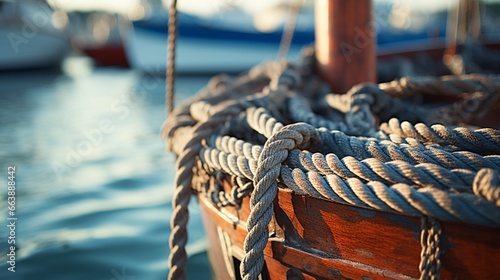 Close-up of a sailing rope tied to a cleat on a boat. photo