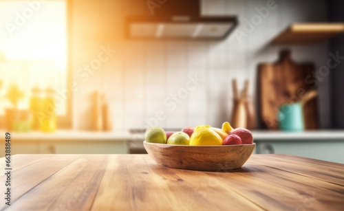 Bowl with fruits on wooden table. Modern kitchen furniture with food products. Generate ai