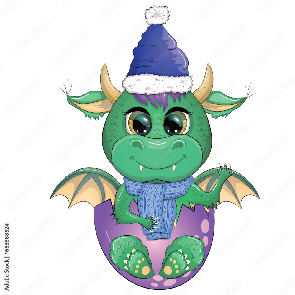 Fototapeta premium Cute cartoon green dragon in santa hat. 2024 new year, chinese calendar