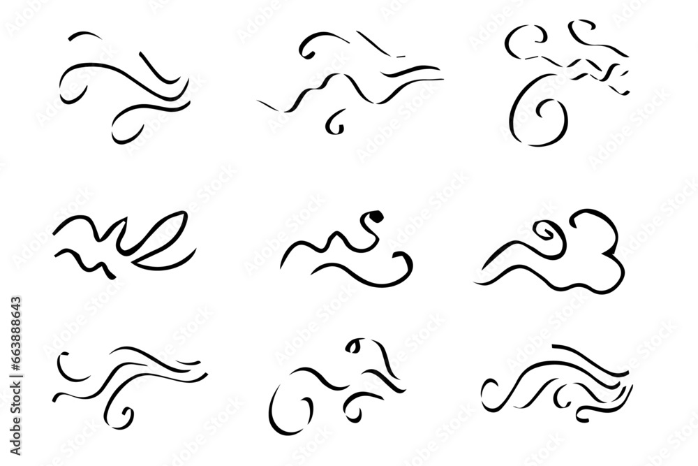 Vecteur Stock Doodle wind line sketch set. Hand drawn doodle wind ...