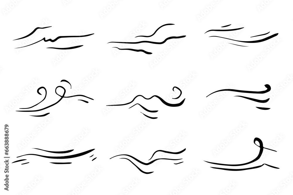 Doodle wind line sketch set. Hand drawn doodle wind motion, air blow, swirl elements. Sketch drawn air blow motion, smoke flow art, abstract line. Isolated vector illustration Doodle wind line sketch set. Hand drawn doodle wind motion, air blow, swirl elements. Sketch drawn air blow motion, smoke flow art, abstract line. Isolated vector illustration