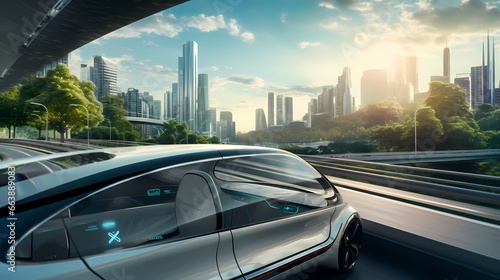 futuristic car driving on a highway in an utopian city