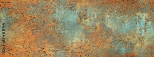 Seamless oxidized copper patina sheet metal wall panel grunge background texture. Vintage antique weathered and worn rusted bronze or brass abstract pattern photo