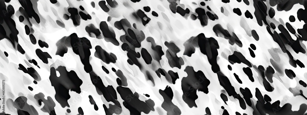 © Eli Berr - Seamless soft fluffy large mottled cow skin, dalmatian or calico cat spots camouflage pattern. Realistic black and white long pile animal print rug or fur coat fashion background texture