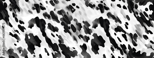 Seamless soft fluffy large mottled cow skin, dalmatian or calico cat spots camouflage pattern. Realistic black and white long pile animal print rug or fur coat fashion background texture photo