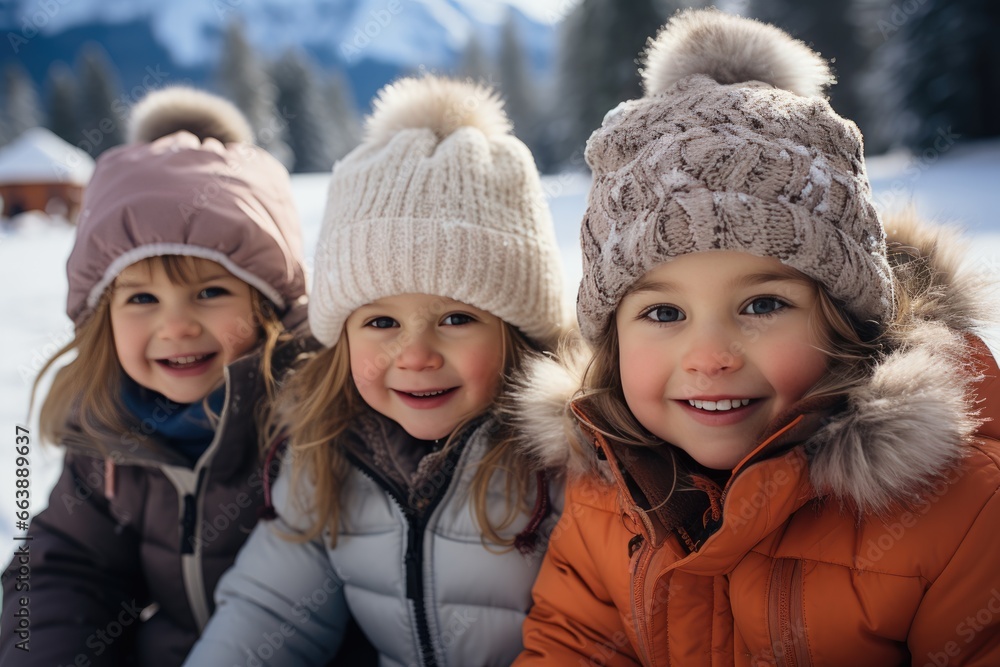 Portrait of children in warm jackets and knitted hats outdoors in winter Portrait of children in warm jackets and knitted hats outdoors in winter