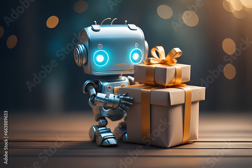 cute humanoid robot holding chrismat gift photo