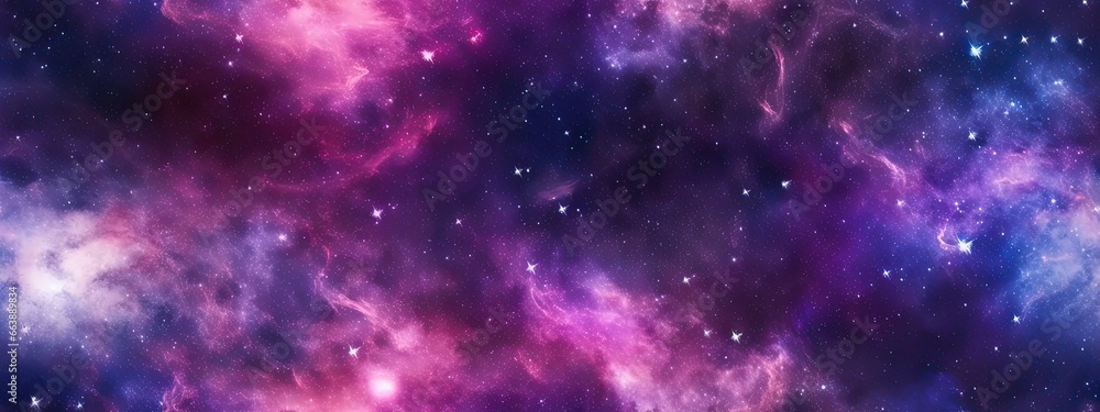 Seamless space texture background. Stars in the night sky with purple pink and blue nebula. A high resolution astrology or astronomy backdrop pattern