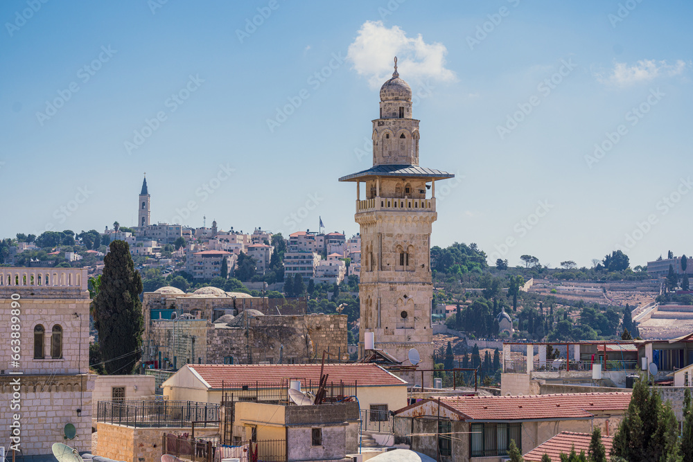 A beautiful minaret stands over the old City of Jerusalem