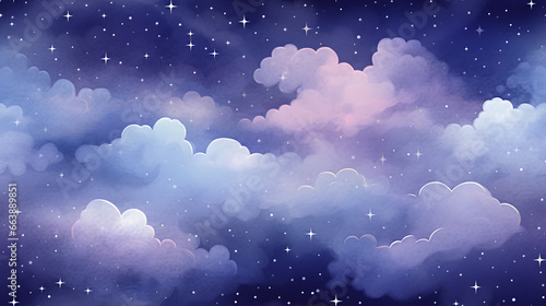 Starry night clouds watercolor seamless pattern