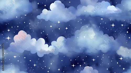 Starry night clouds watercolor seamless pattern