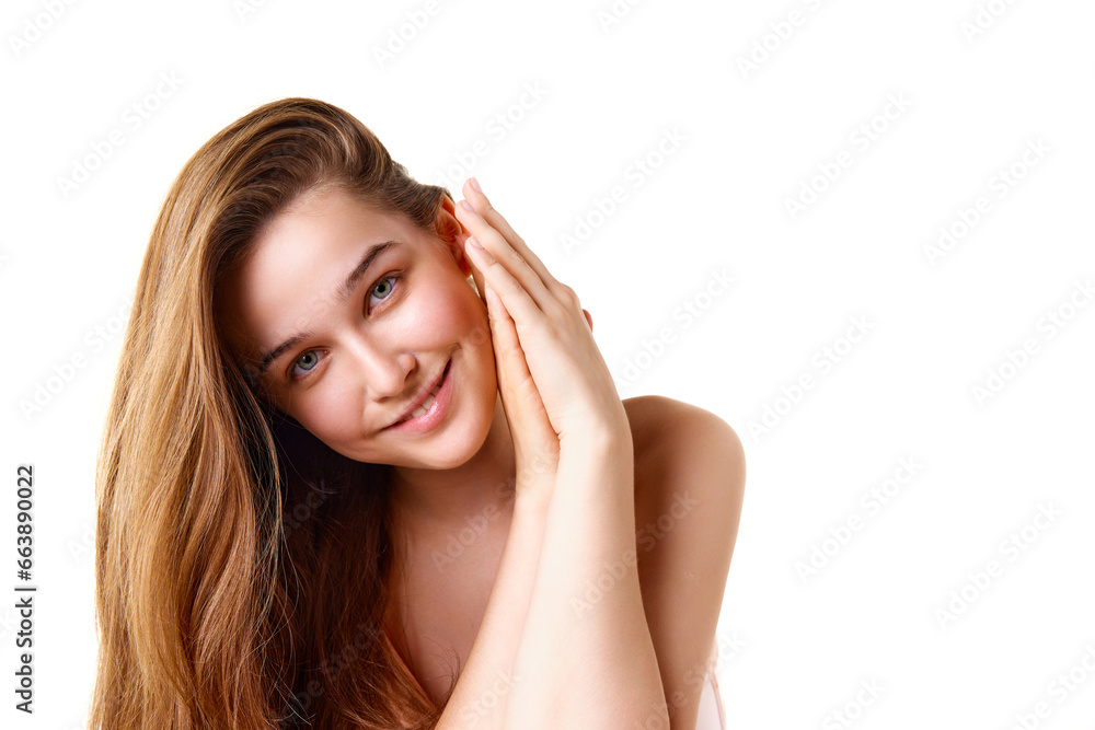 Portrait of charming brunette girl with bare shoulders enjoying spa looking away against white studio background. Copy space Portrait of charming brunette girl with bare shoulders enjoying spa looking away against white studio background. Copy space