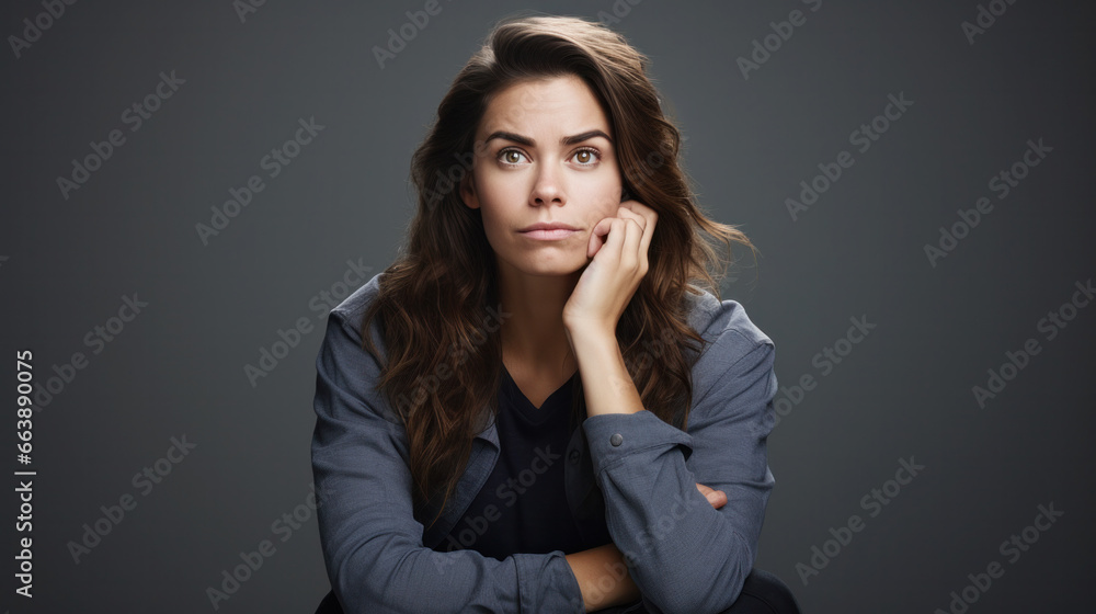 Woman sitting at thinking of problem solution, thoughtful pondering considering idea making a decision, thinking about things Waiting for inspiration with a doubtful and skeptical expression Woman sitting at thinking of problem solution, thoughtful pondering considering idea making a decision, thinking about things Waiting for inspiration with a doubtful and skeptical expression