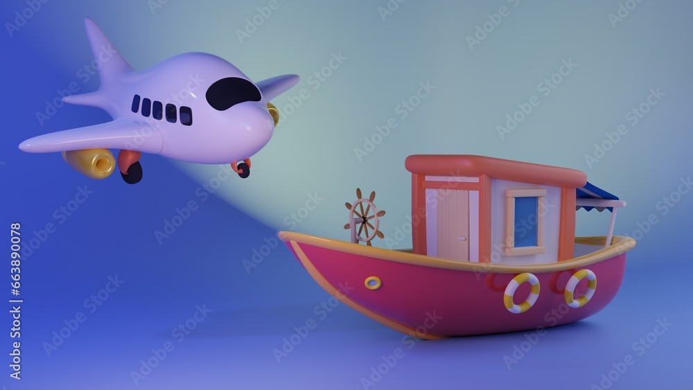 Cute 3d illustration of cartoon pink ship and airplane against gradient blue background. Summer design. Traveling mock up. Summer ship. boat, sailing, transportation. Copy space.