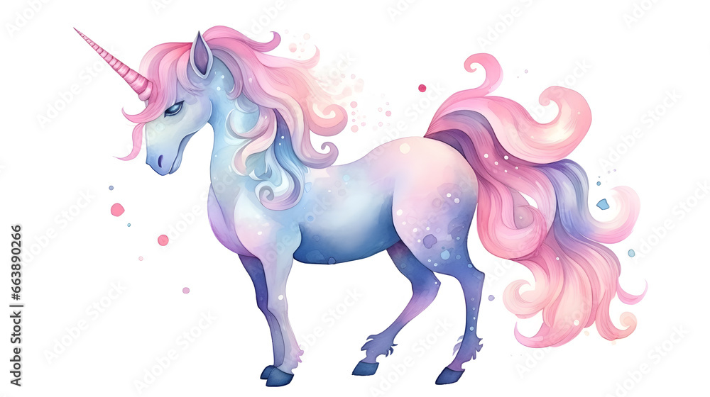 Pink handdrawn unicorn watercolor illustration isolated on white