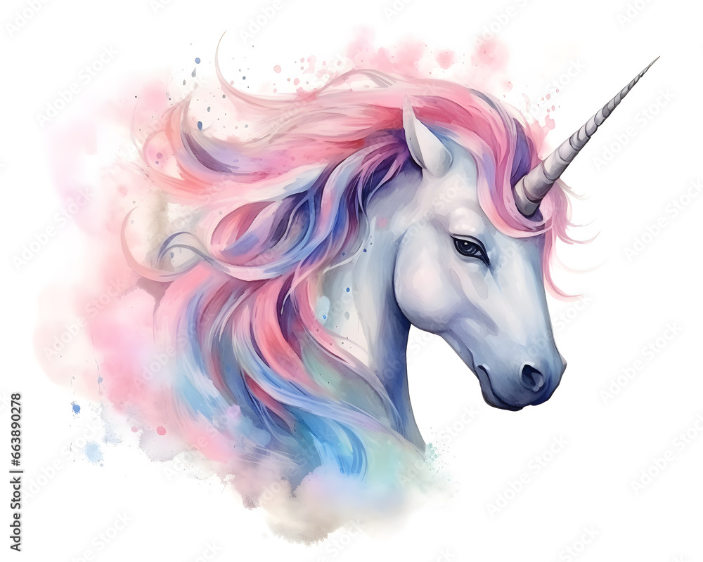 Naklejka premium Pink handdrawn unicorn watercolor illustration isolated on white