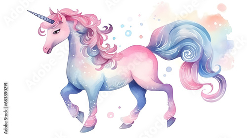 Pink handdrawn unicorn watercolor illustration isolated on white