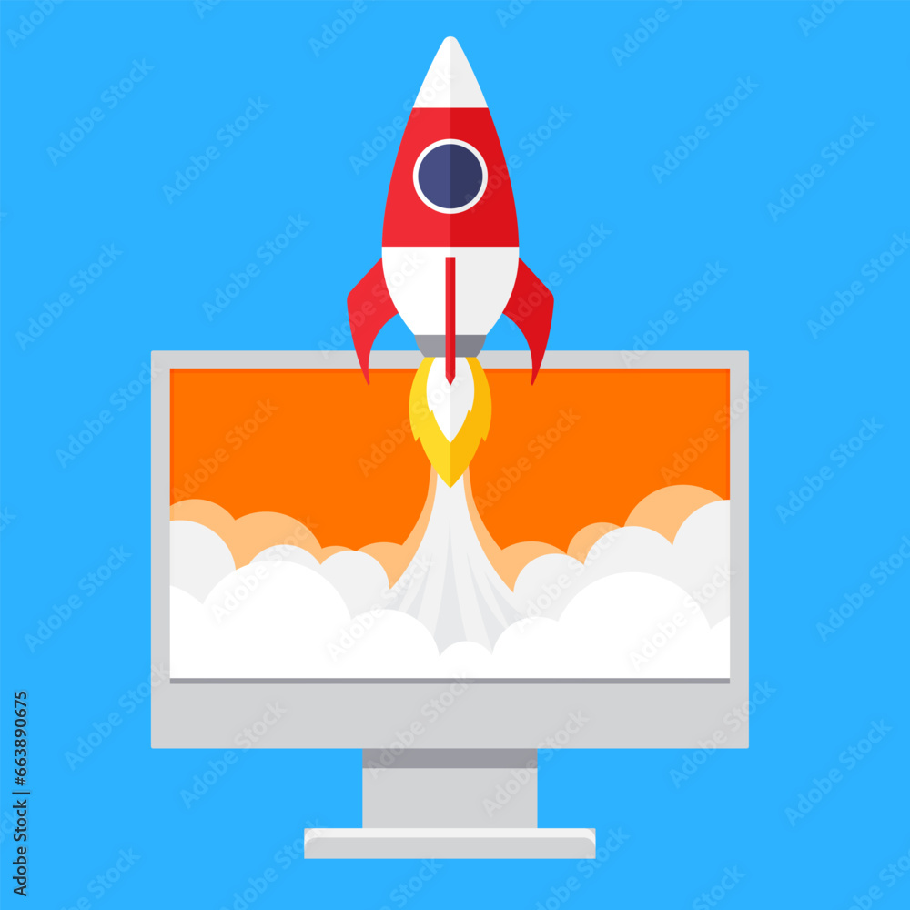 Space rocket flies out of laptop screen. Successful business start and technology. Startup launch online on computer pc. New innovation project development idea, monitor screen with rocket ship Space rocket flies out of laptop screen. Successful business start and technology. Startup launch online on computer pc. New innovation project development idea, monitor screen with rocket ship