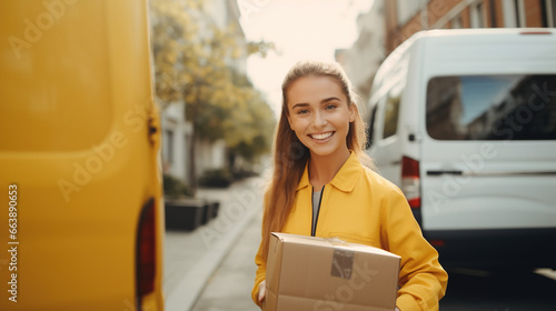 A smiling delivery driver delivering a parcel